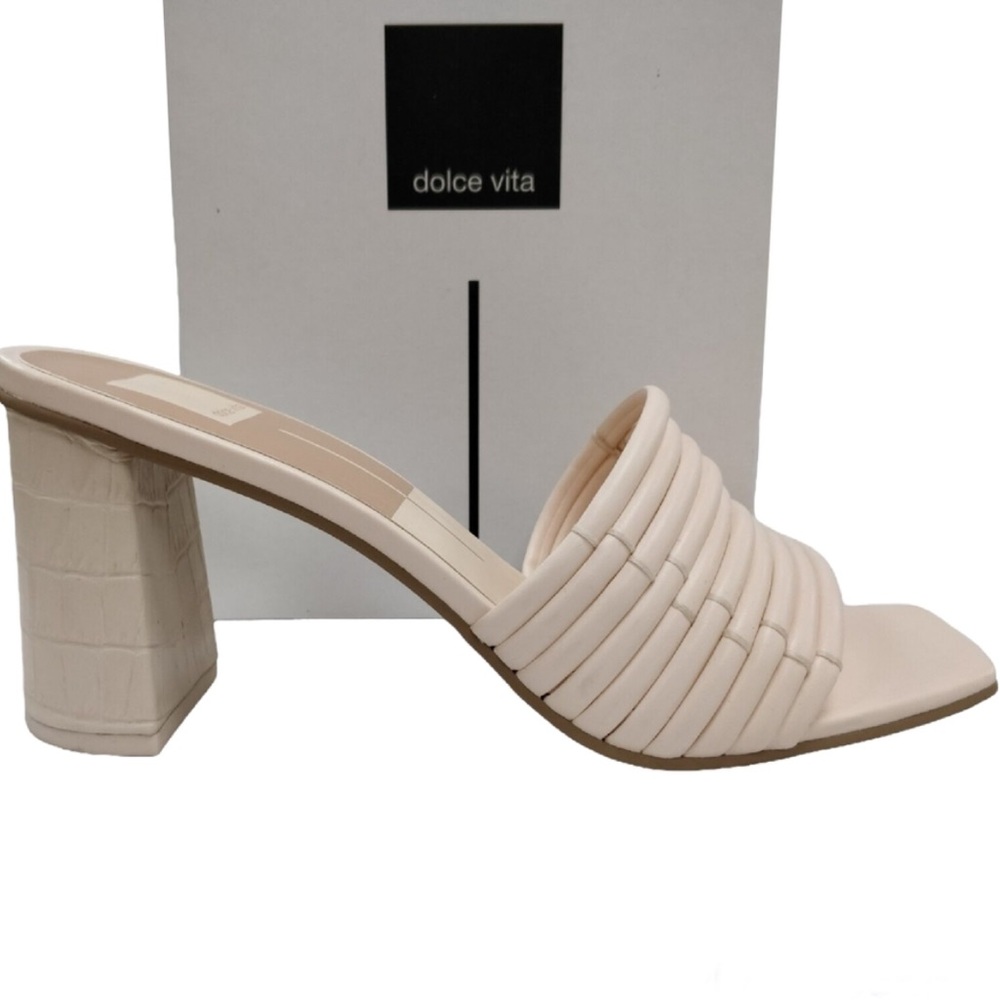 $130 DOLCE VITA Priana Heeled Sandal Puffy Straps Faux Croc Block Heel Cream 10